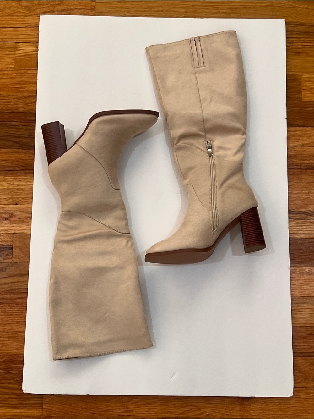 Neutral Beige Knee-High Block Heel Boots with Side Zip